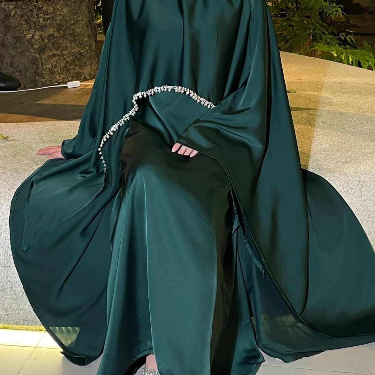 Elegant Satin Abaya with Rhinestone Cape | Luxurious Modest Evening Dress (MA327) - Mariam's Collection