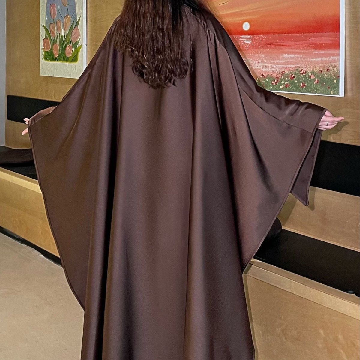 Elegant Satin Abaya with Rhinestone Cape | Luxurious Modest Evening Dress (MA327) - Mariam's Collection
