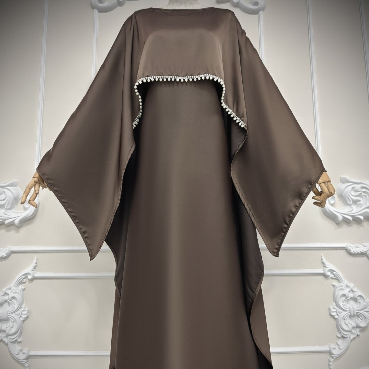 Elegant Satin Abaya with Rhinestone Cape | Luxurious Modest Evening Dress (MA327) - Mariam's Collection