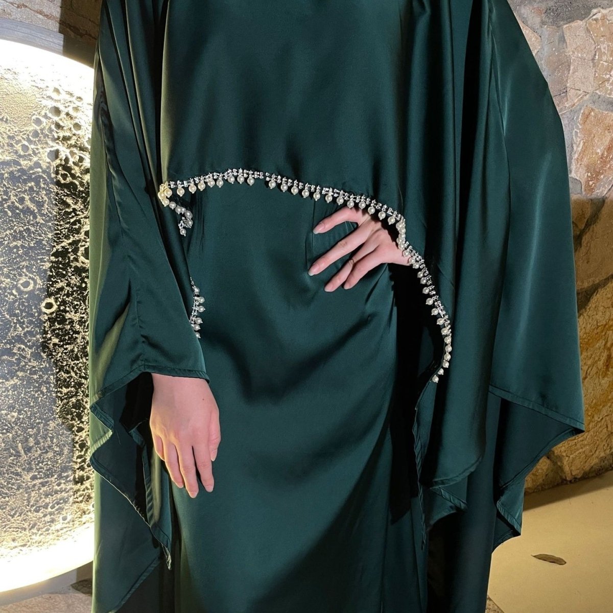 Elegant Satin Abaya with Rhinestone Cape | Luxurious Modest Evening Dress (MA327) - Mariam's Collection