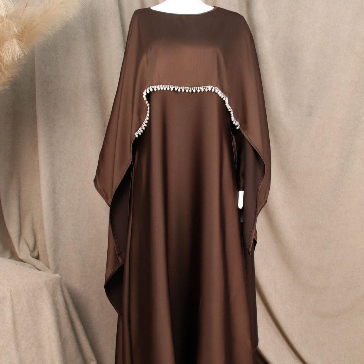 Elegant Satin Abaya with Rhinestone Cape | Luxurious Modest Evening Dress (MA327) - Mariam's Collection