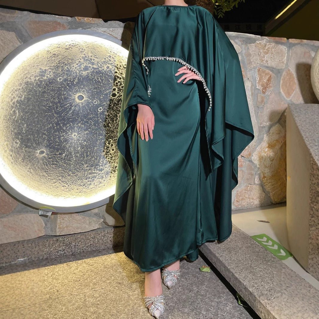 Elegant Satin Abaya with Rhinestone Cape | Luxurious Modest Evening Dress (MA327) - Mariam's Collection