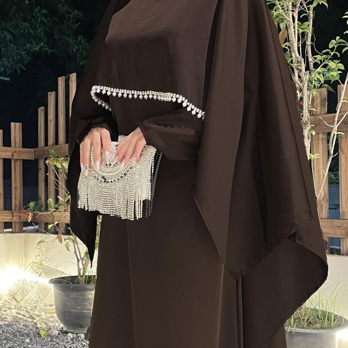 Elegant Satin Abaya with Rhinestone Cape | Luxurious Modest Evening Dress(MA327) - Mariam's Collection