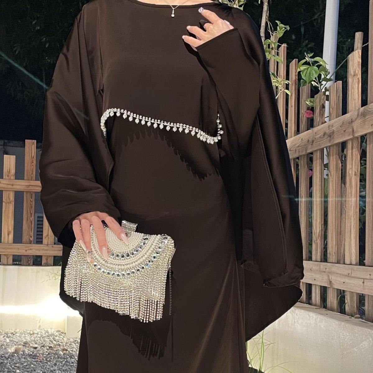 Elegant Satin Abaya with Rhinestone Cape | Luxurious Modest Evening Dress(MA327) - Mariam's Collection