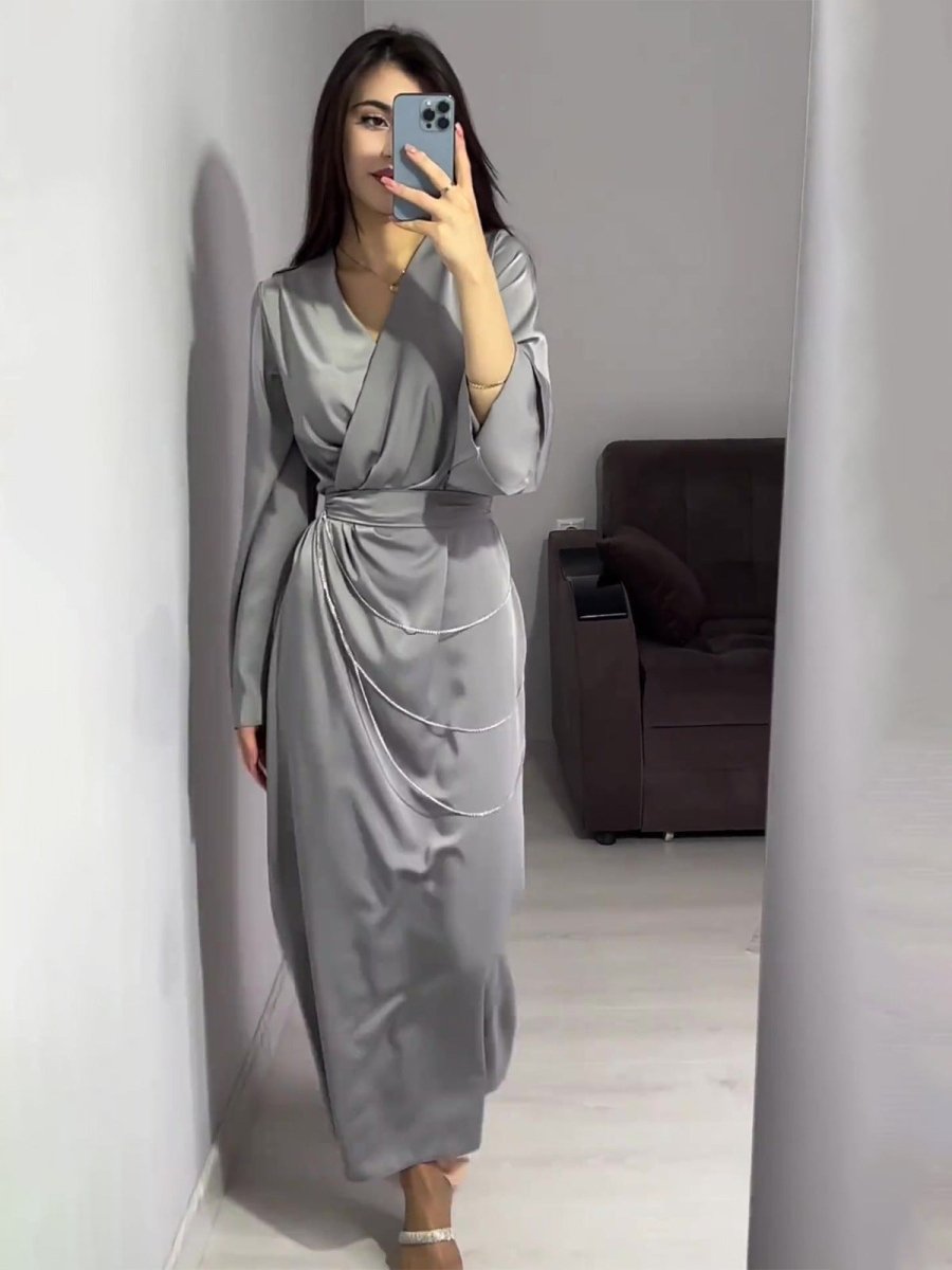 Elegant Satin Maxi Dress Abaya with Waist Chains V - Neck Long Sleeve Solid Color Dresses. (MA204) - Mariam's Collection