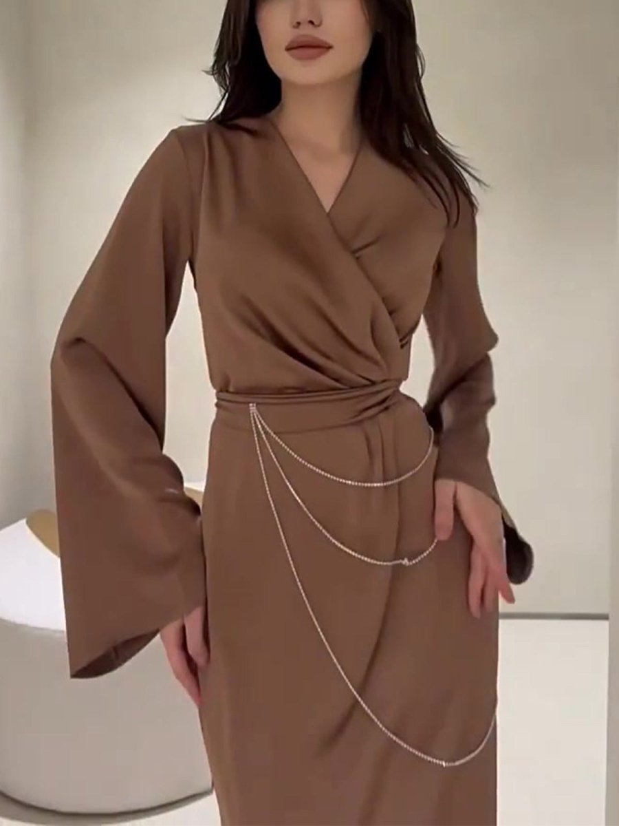 Elegant Satin Maxi Dress Abaya with Waist Chains V - Neck Long Sleeve Solid Color Dresses. (MA204) - Mariam's Collection