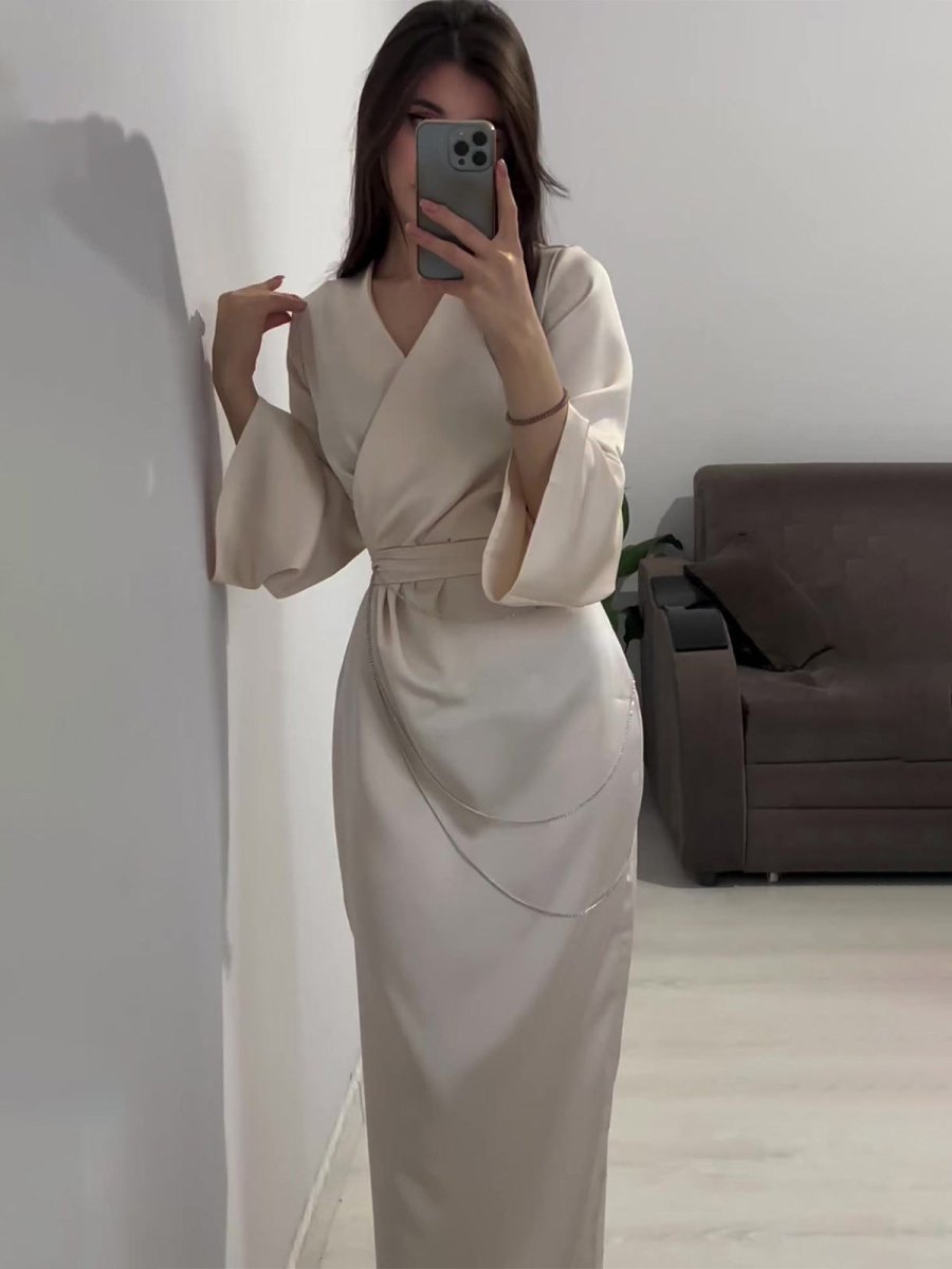 Elegant Satin Maxi Dress Abaya with Waist Chains V - Neck Long Sleeve Solid Color Dresses. (MA204) - Mariam's Collection
