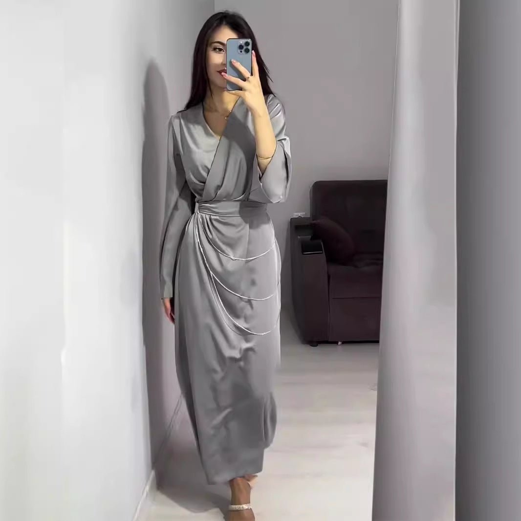Elegant Satin Maxi Dress Abaya with Waist Chains V - Neck Long Sleeve Solid Color Dresses. (MA204) - Mariam's Collection
