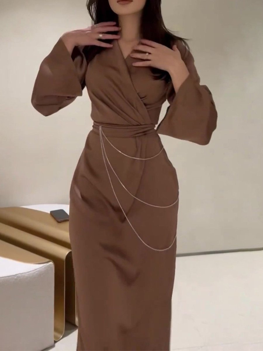 Elegant Satin Maxi Dress Abaya with Waist Chains V - Neck Long Sleeve Solid Color Dresses. (MA204) - Mariam's Collection