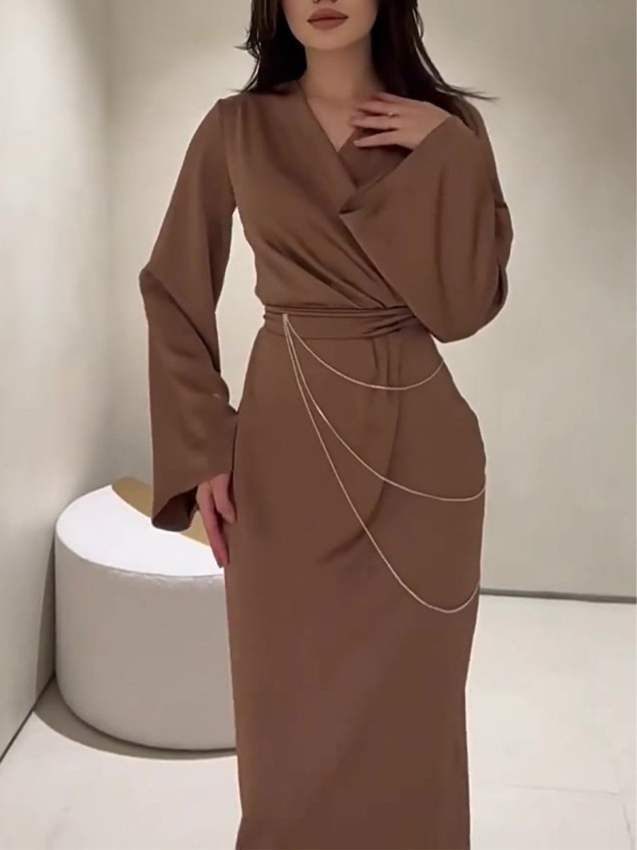 Elegant Satin Maxi Dress Abaya with Waist Chains V - Neck Long Sleeve Solid Color Dresses. (MA204) - Mariam's Collection
