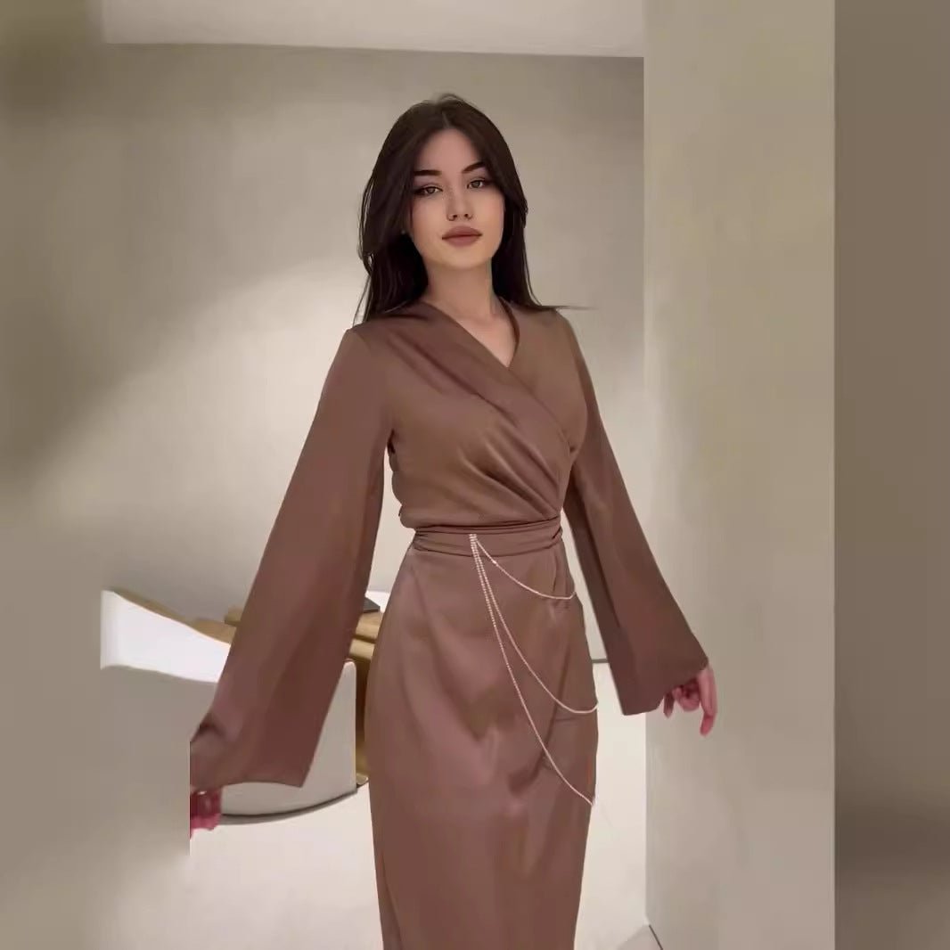 Elegant Satin Maxi Dress Abaya with Waist Chains V - Neck Long Sleeve Solid Color Dresses. (MA204) - Mariam's Collection