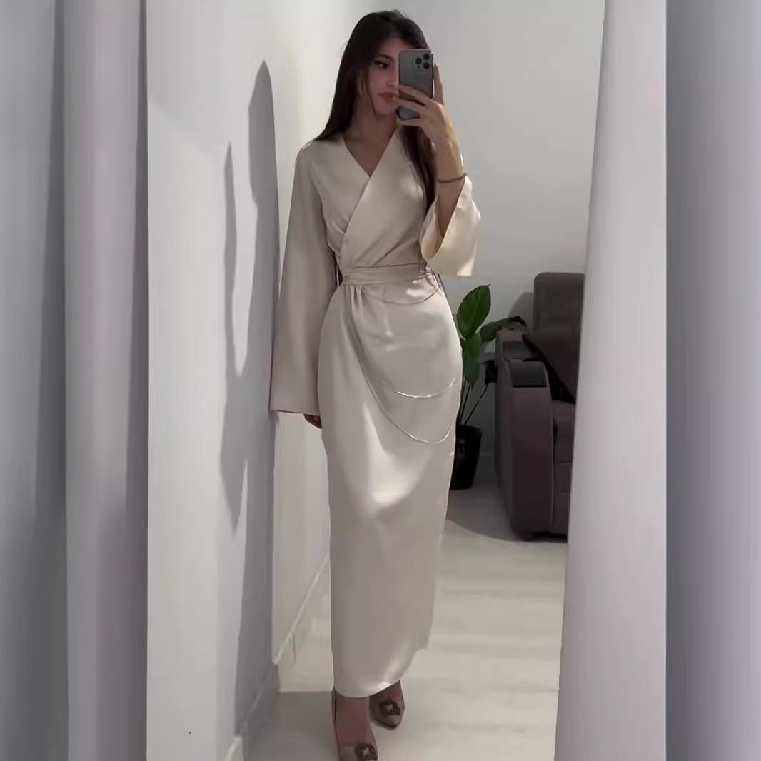 Elegant Satin Maxi Dress Abaya with Waist Chains V - Neck Long Sleeve Solid Color Dresses. (MA204) - Mariam's Collection
