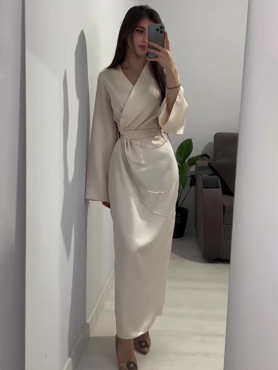 Elegant Satin Maxi Dress Abaya with Waist Chains V - Neck Long Sleeve Solid Color Dresses. (MA204) - Mariam's Collection