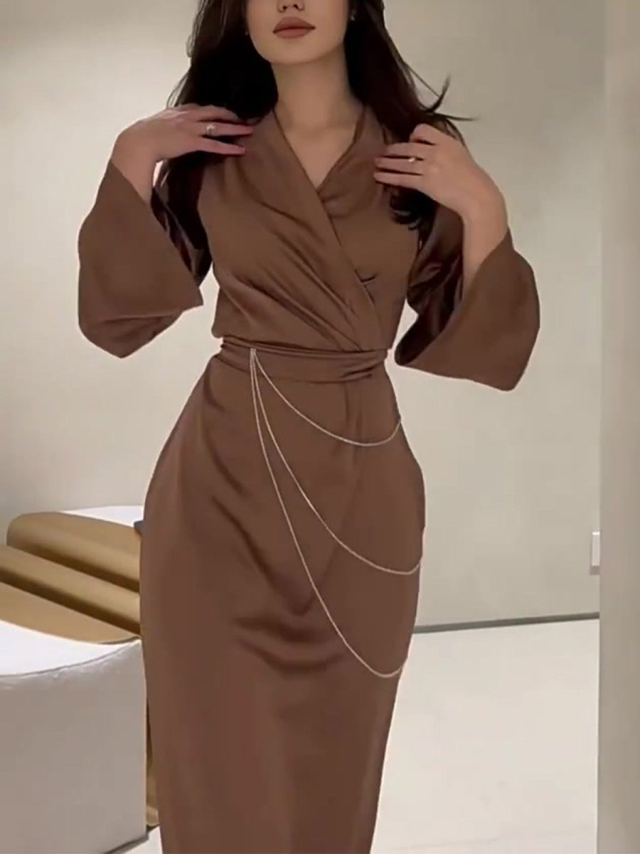 Elegant Satin Maxi Dress Abaya with Waist Chains V - Neck Long Sleeve Solid Color Dresses. (MA204) - Mariam's Collection
