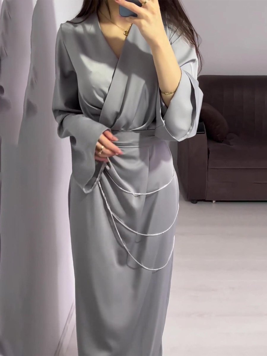 Elegant Satin Maxi Dress Abaya with Waist Chains V - Neck Long Sleeve Solid Color Dresses. (MA204) - Mariam's Collection