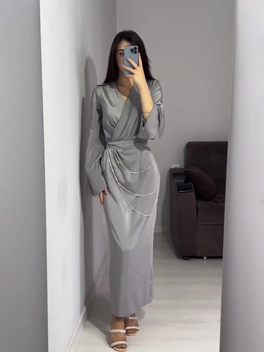 Elegant Satin Maxi Dress Abaya with Waist Chains V - Neck Long Sleeve Solid Color Dresses. (MA204) - Mariam's Collection