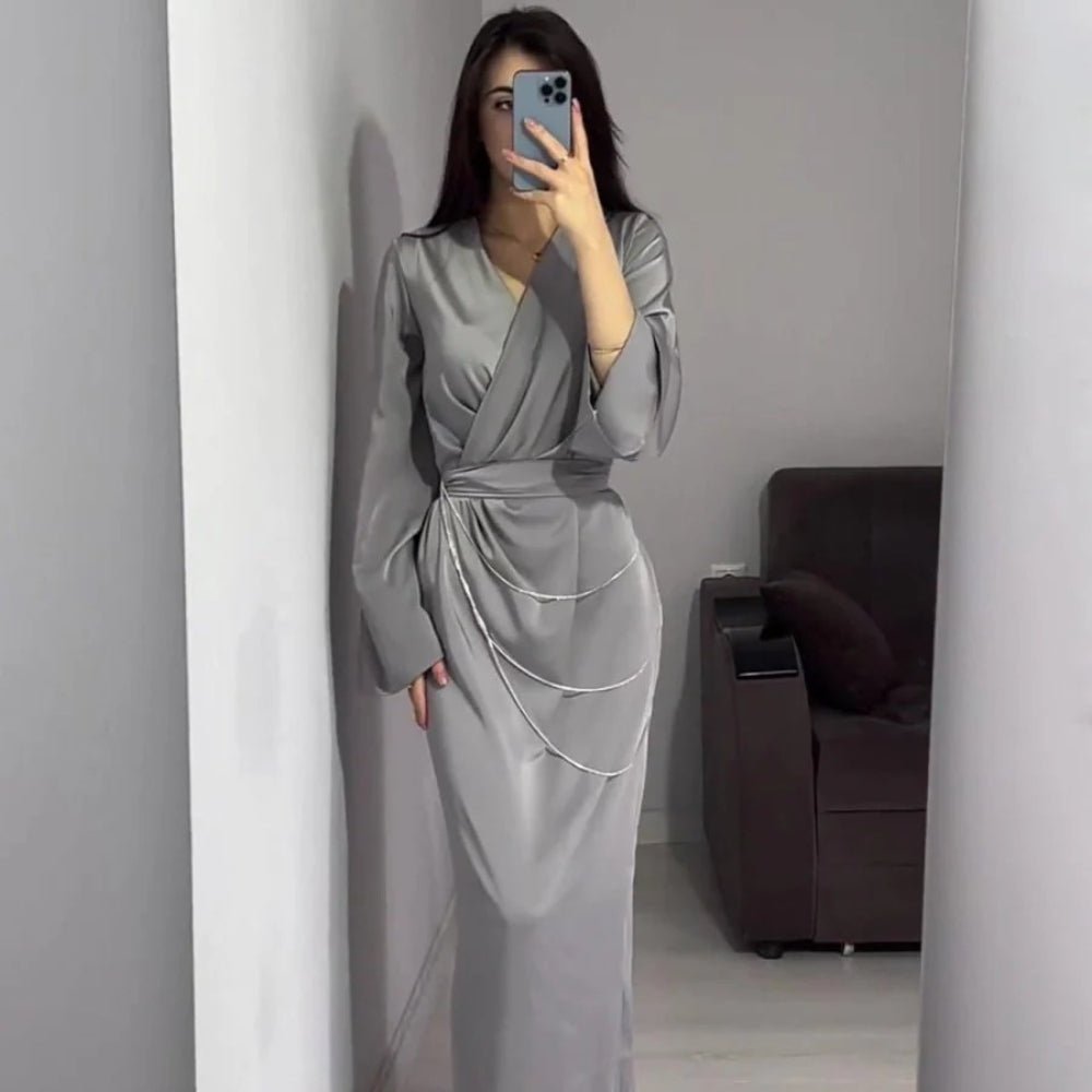 Elegant Satin Maxi Dress Abaya with Waist Chains V - Neck Long Sleeve Solid Color Dresses(MA204) - Mariam's Collection