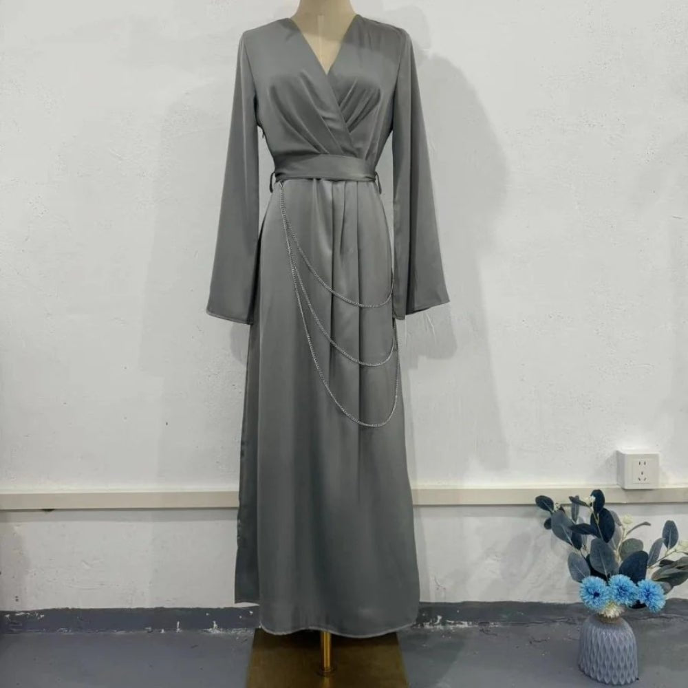 Elegant Satin Maxi Dress Abaya with Waist Chains V - Neck Long Sleeve Solid Color Dresses(MA204) - Mariam's Collection