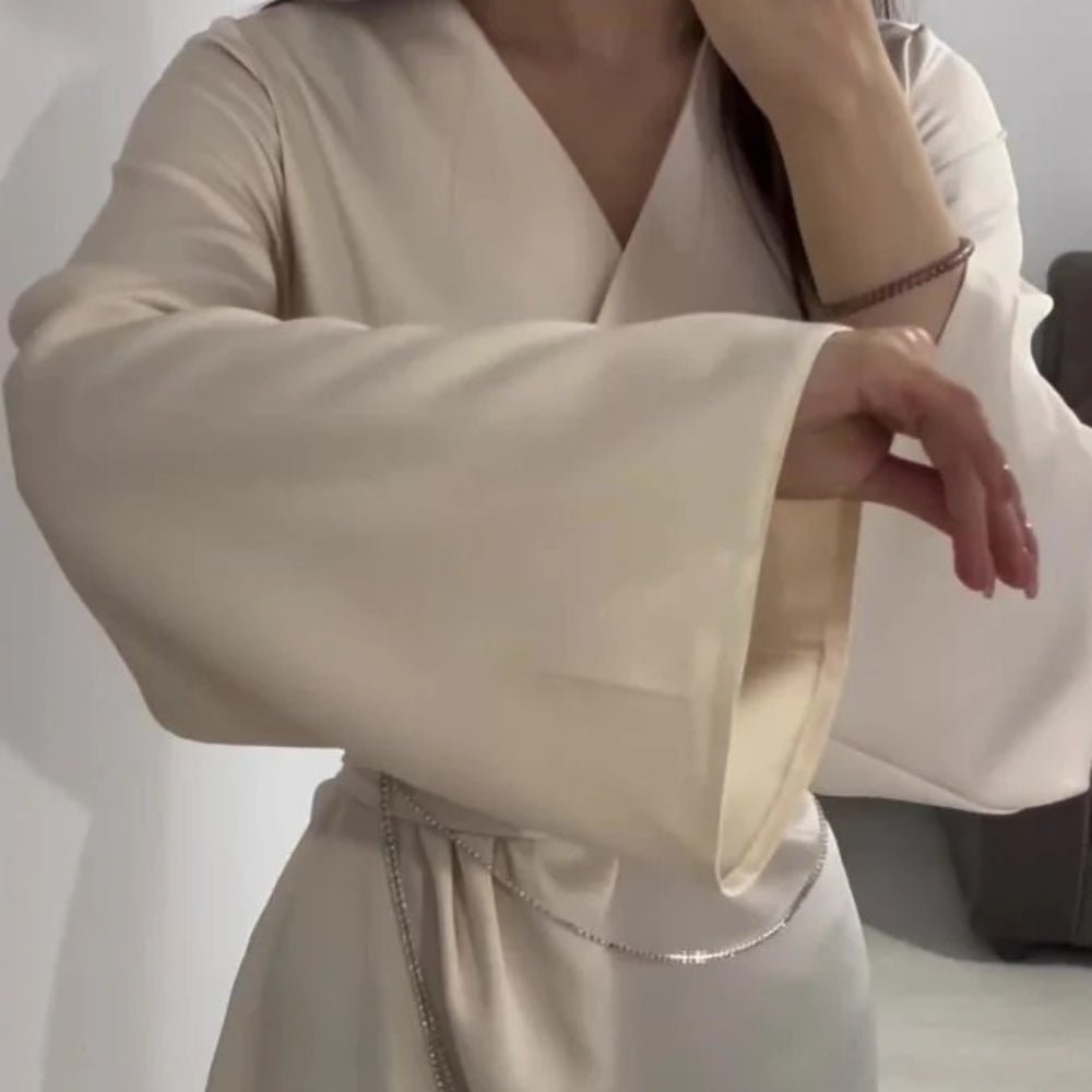 Elegant Satin Maxi Dress Abaya with Waist Chains V - Neck Long Sleeve Solid Color Dresses(MA204) - Mariam's Collection