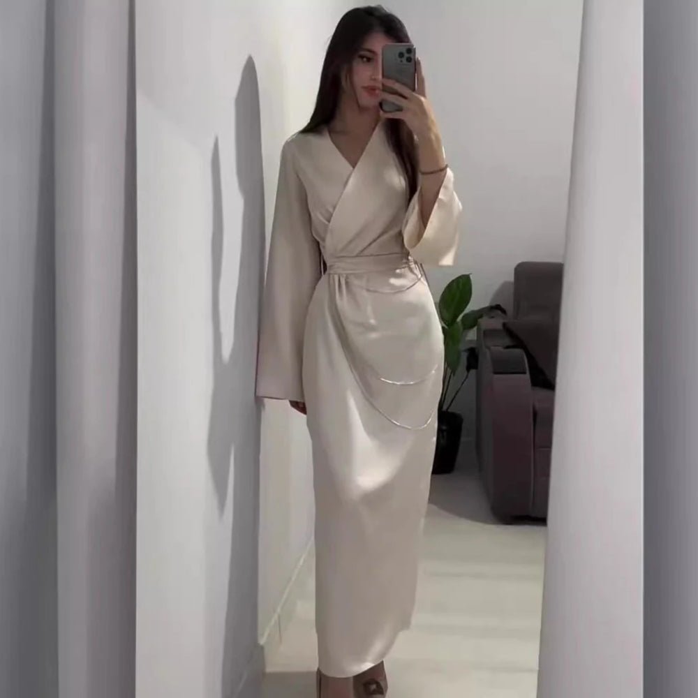 Elegant Satin Maxi Dress Abaya with Waist Chains V - Neck Long Sleeve Solid Color Dresses(MA204) - Mariam's Collection