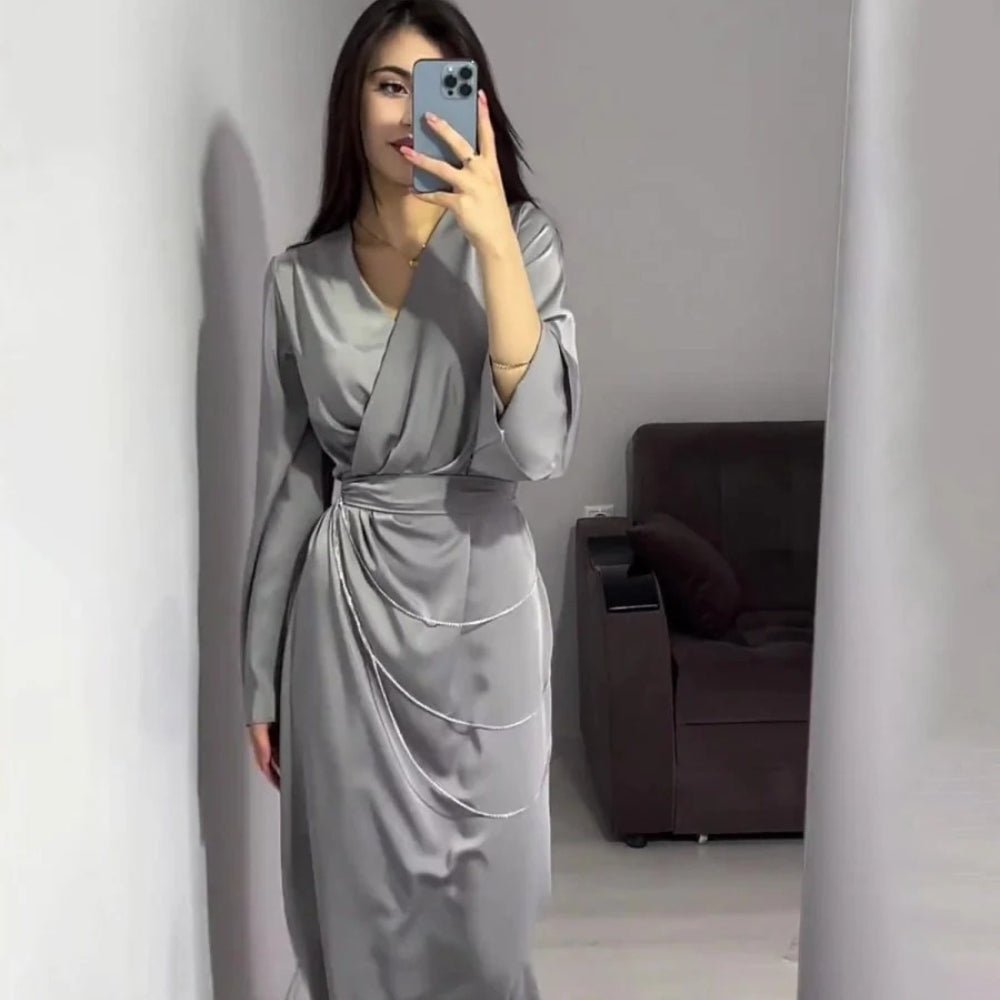 Elegant Satin Maxi Dress Abaya with Waist Chains V - Neck Long Sleeve Solid Color Dresses(MA204) - Mariam's Collection