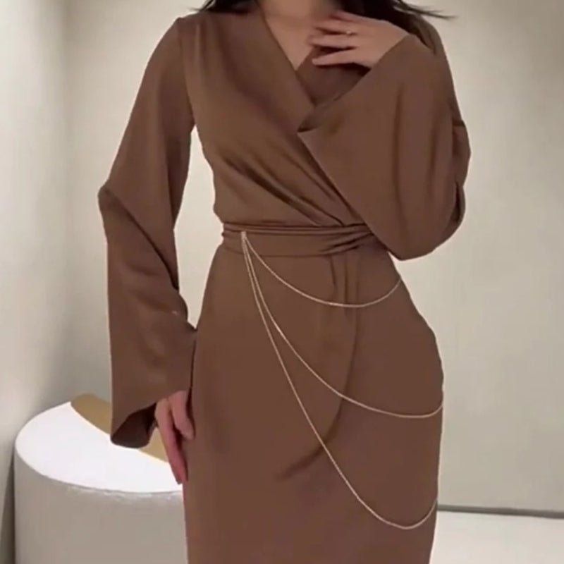Elegant Satin Maxi Dress Abaya with Waist Chains V-Neck Long Sleeve Solid Color Dresses(MA204), Apricot / M