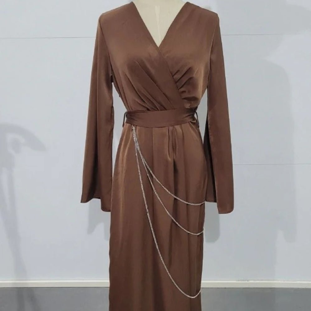Elegant Satin Maxi Dress Abaya with Waist Chains V - Neck Long Sleeve Solid Color Dresses(MA204) - Mariam's Collection