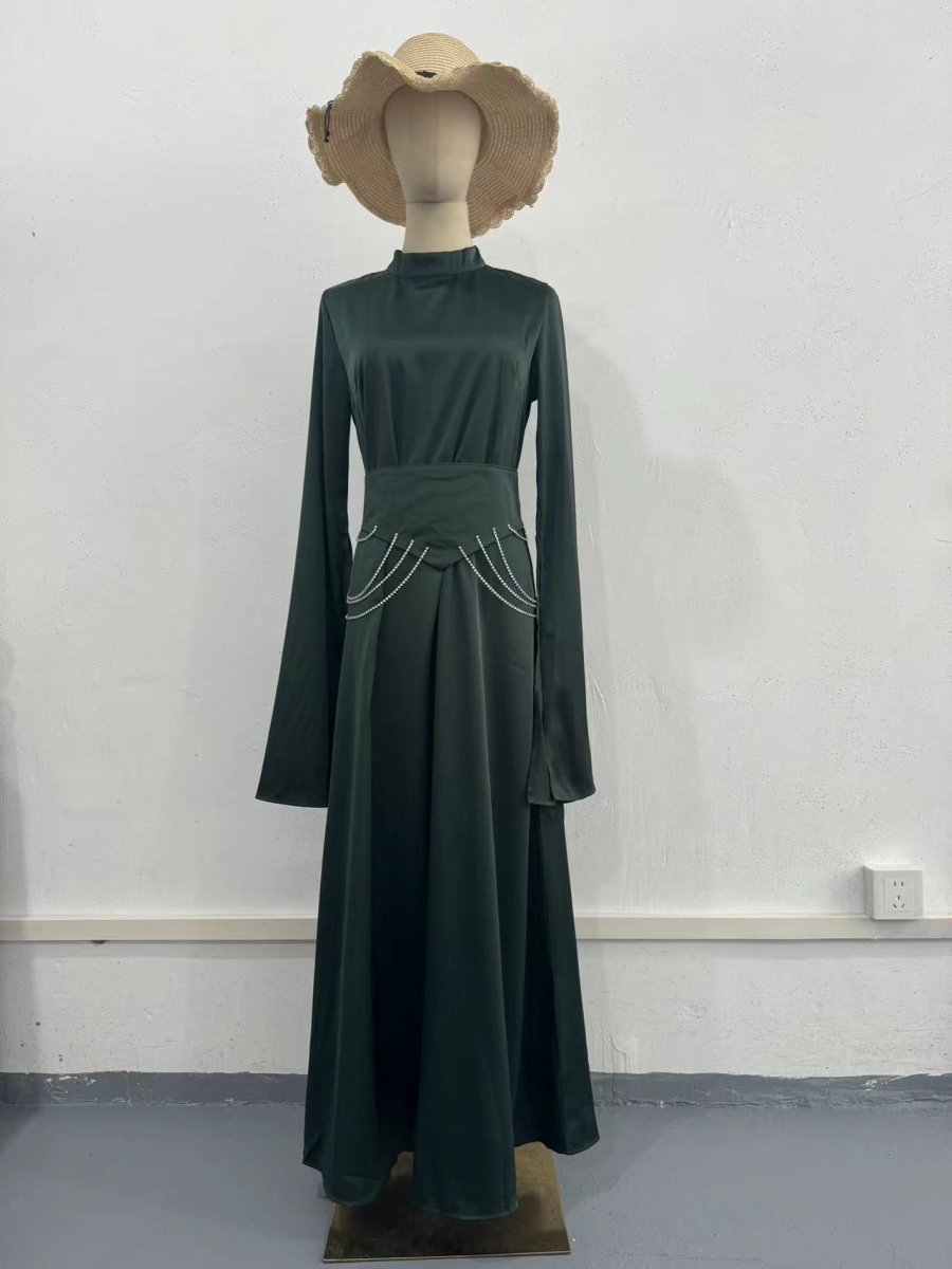 Elegant Semi - Turtleneck Long Sleeve Spring Court - Style Satin Dress Abaya. (MA194) - Mariam's Collection