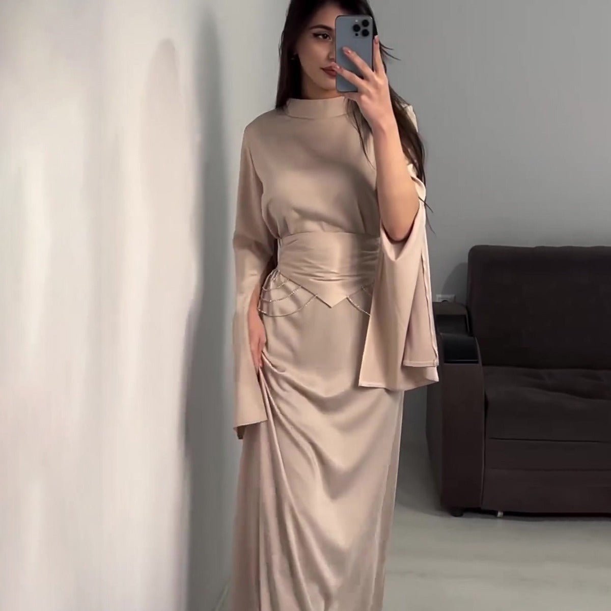 Elegant Semi - Turtleneck Long Sleeve Spring Court - Style Satin Dress Abaya. (MA194) - Mariam's Collection