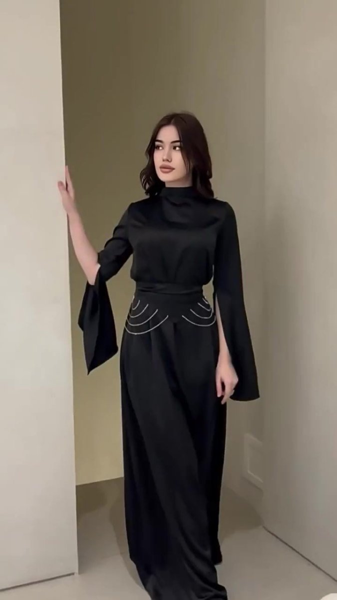 Elegant Semi - Turtleneck Long Sleeve Spring Court - Style Satin Dress Abaya. (MA194) - Mariam's Collection