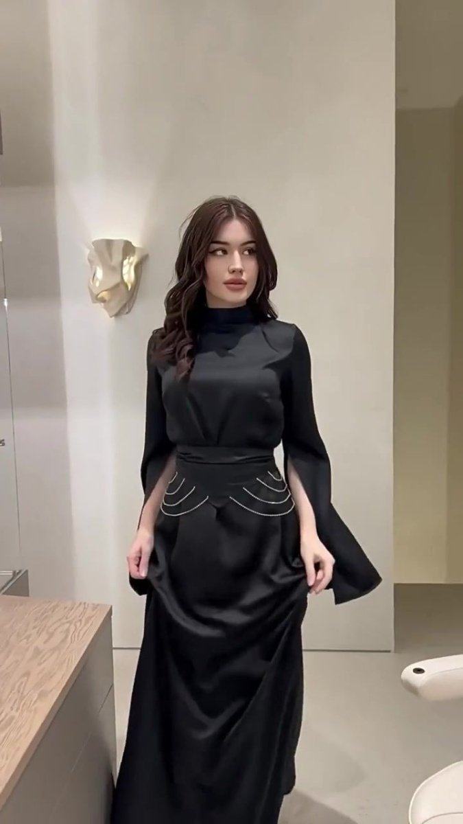 Elegant Semi - Turtleneck Long Sleeve Spring Court - Style Satin Dress Abaya. (MA194) - Mariam's Collection