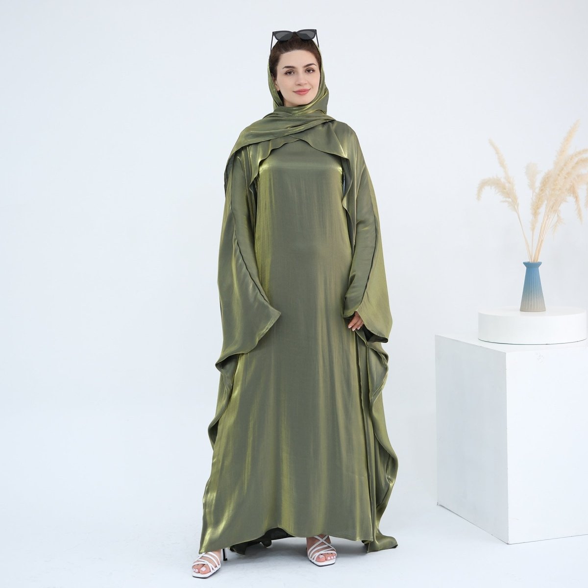Elegant Shimmer Batwing Abaya Set with Hijab | Two - Piece Pullover Style Layered Look(MA315) - Mariam's Collection
