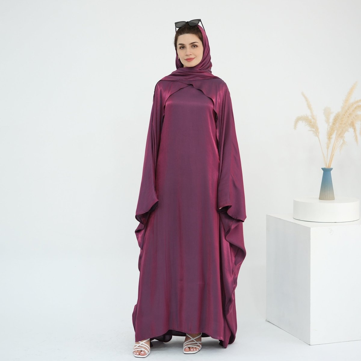 Elegant Shimmer Batwing Abaya Set with Hijab | Two - Piece Pullover Style Layered Look(MA315) - Mariam's Collection