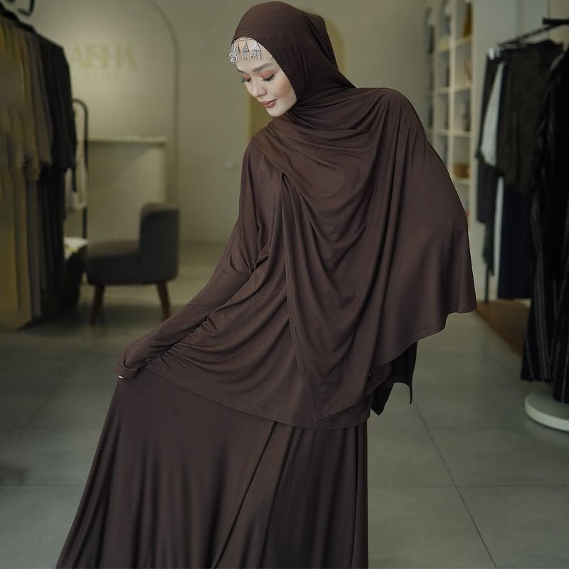 Elegant Solid Color Two - Piece Set | Side Slit Long Sleeve Top & Pleated Skirt(MS135) - Mariam's Collection