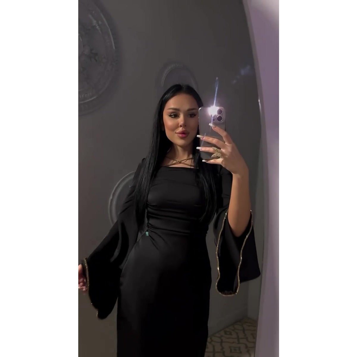 Elegant Square Neck Silk Satin Diamond Necklace Long Sleeve Gown with Flared Cuffs. (MA225) - Mariam's Collection