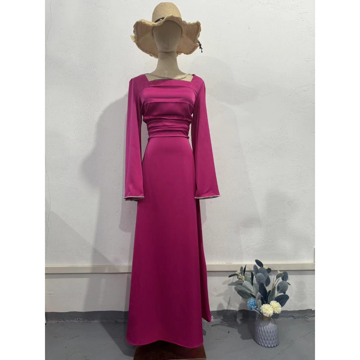 Elegant Square Neck Silk Satin Diamond Necklace Long Sleeve Gown with Flared Cuffs. (MA225) - Mariam's Collection