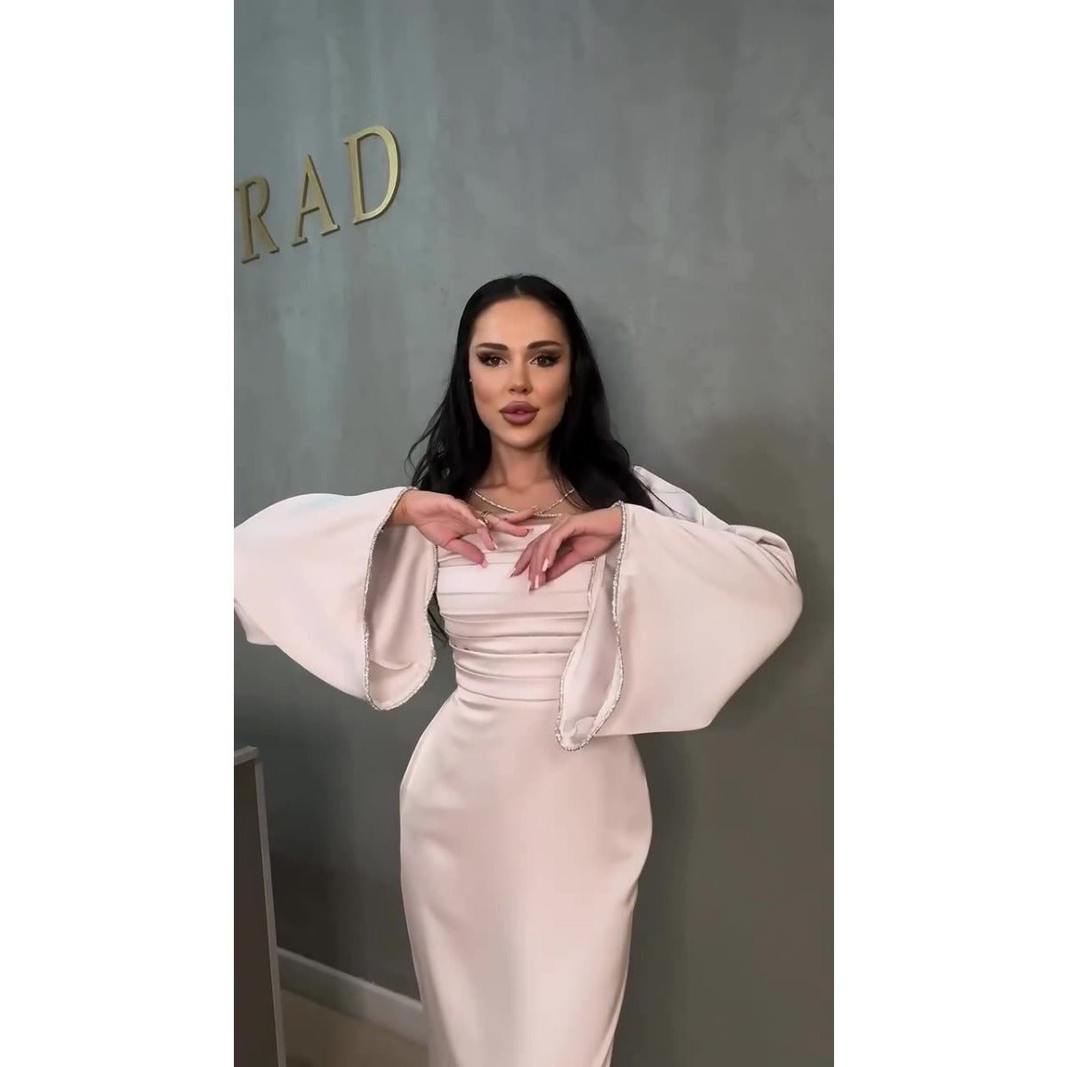 Elegant Square Neck Silk Satin Diamond Necklace Long Sleeve Gown with Flared Cuffs. (MA225) - Mariam's Collection