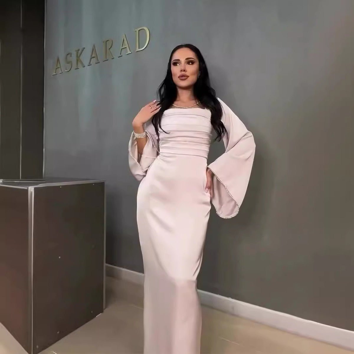 Elegant Square Neck Silk Satin Diamond Necklace Long Sleeve Gown with Flared Cuffs. (MA225) - Mariam's Collection