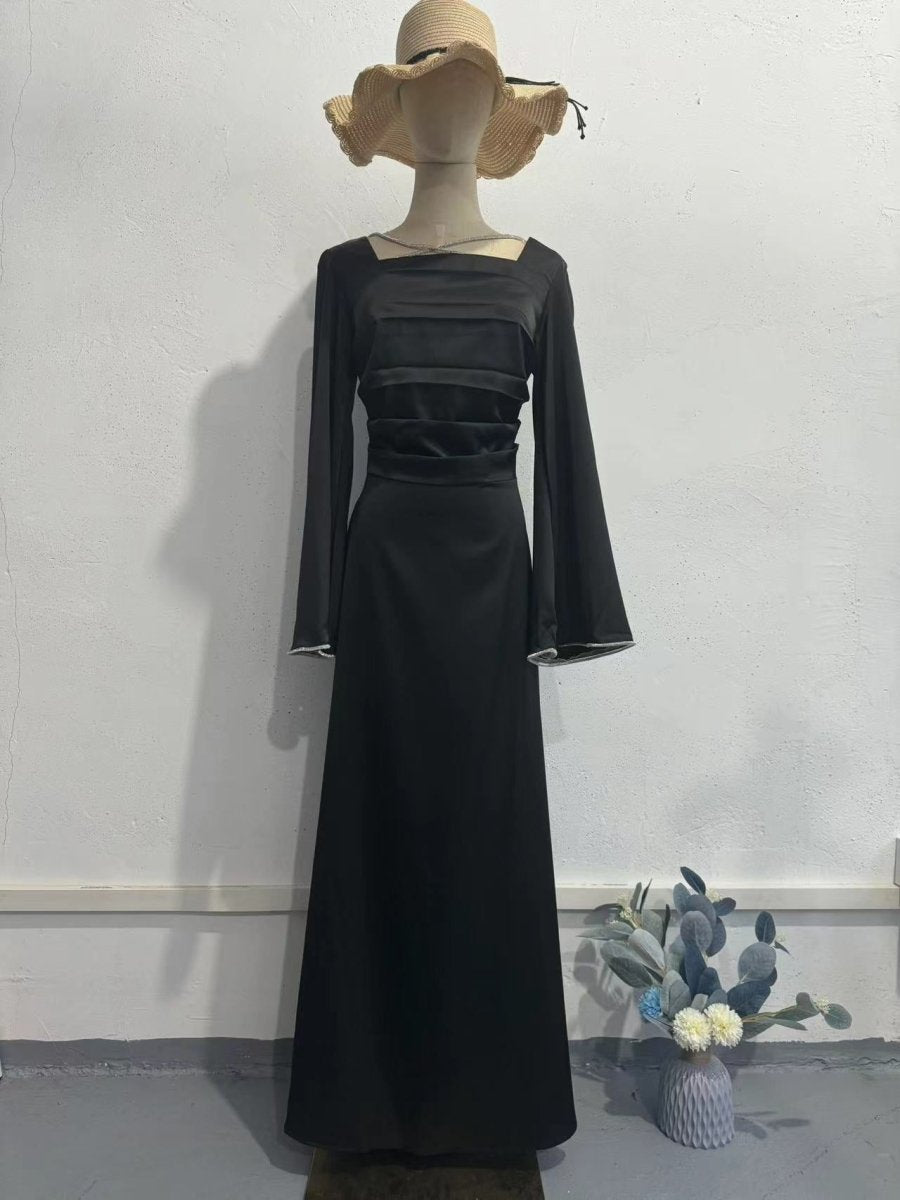 Elegant Square Neck Silk Satin Diamond Necklace Long Sleeve Gown with Flared Cuffs. (MA225) - Mariam's Collection