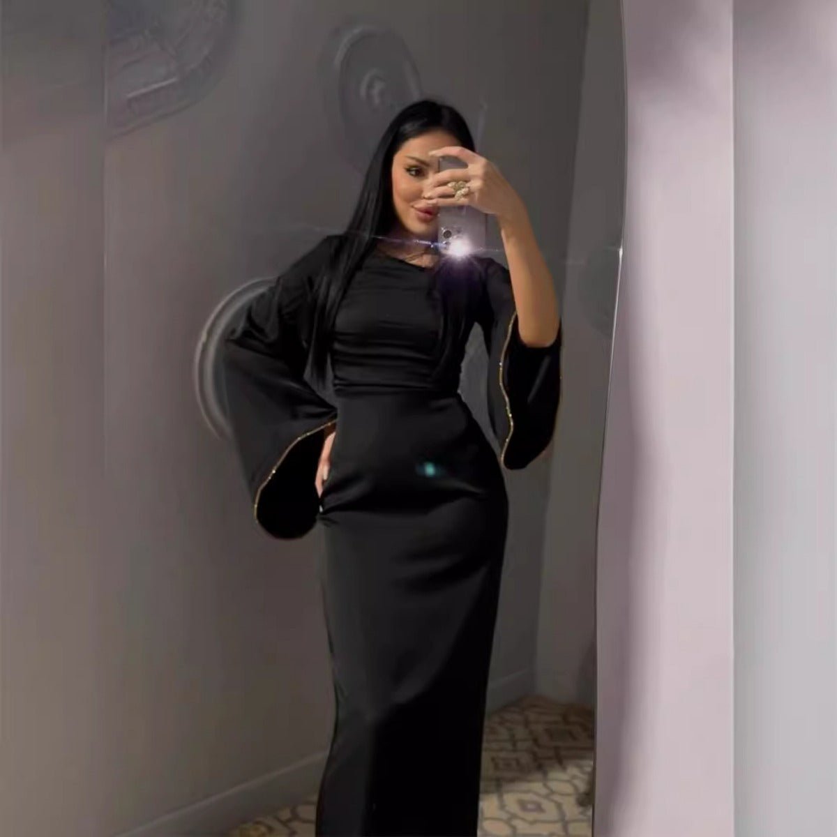 Elegant Square Neck Silk Satin Diamond Necklace Long Sleeve Gown with Flared Cuffs. (MA225) - Mariam's Collection