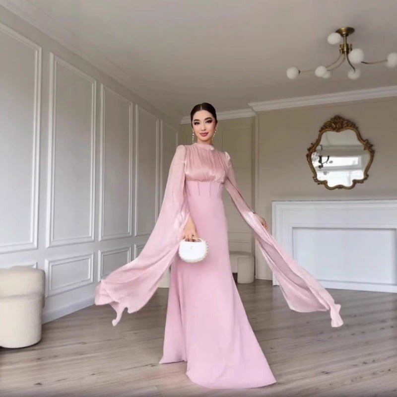 Elegant Swinging Sleeve Silk Satin Abaya Dress | High Waist Modest Maxi Dress with Back Strap Detail(MA295) - Mariam's Collection