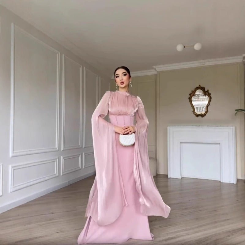 Elegant Swinging Sleeve Silk Satin Abaya Dress | High Waist Modest Maxi Dress with Back Strap Detail(MA295) - Mariam's Collection