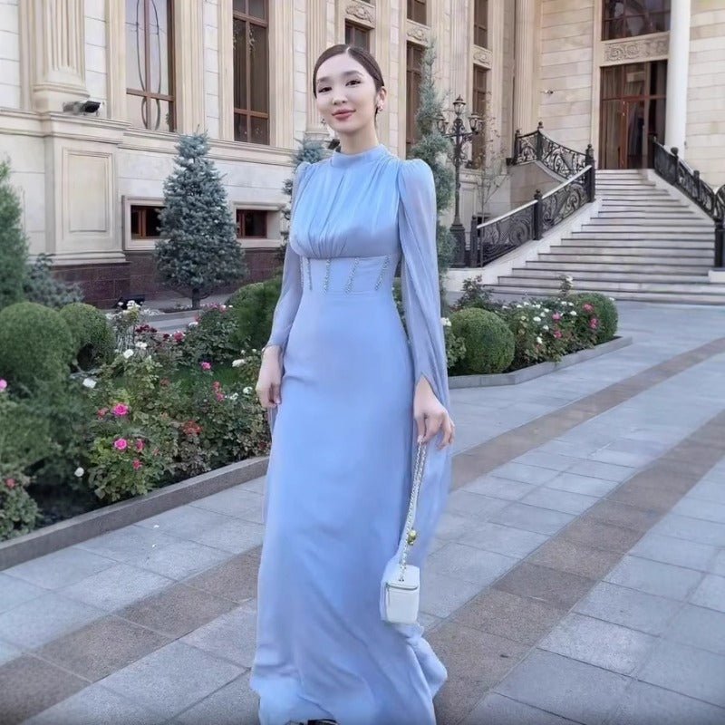 Elegant Swinging Sleeve Silk Satin Abaya Dress | High Waist Modest Maxi Dress with Back Strap Detail(MA295) - Mariam's Collection