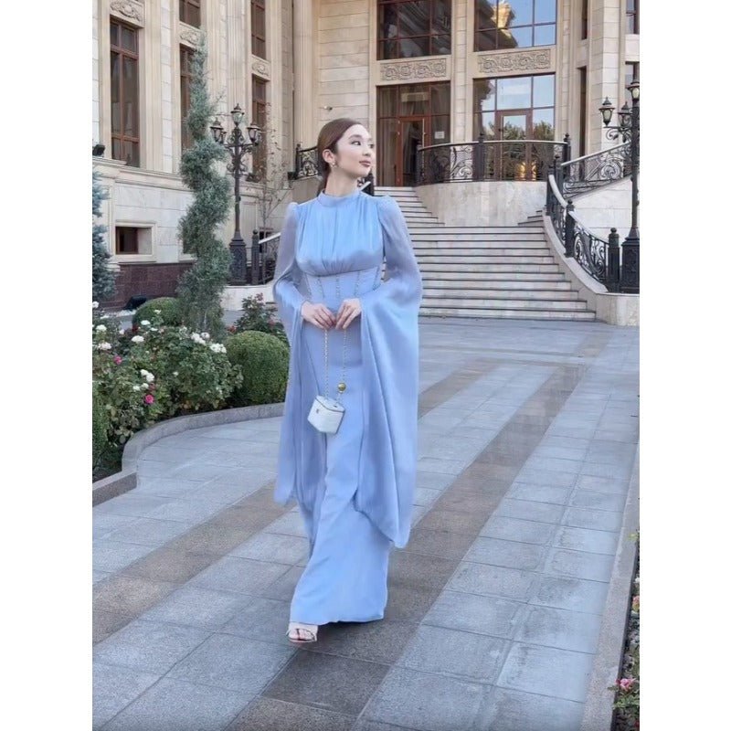 Elegant Swinging Sleeve Silk Satin Abaya Dress | High Waist Modest Maxi Dress with Back Strap Detail(MA295) - Mariam's Collection