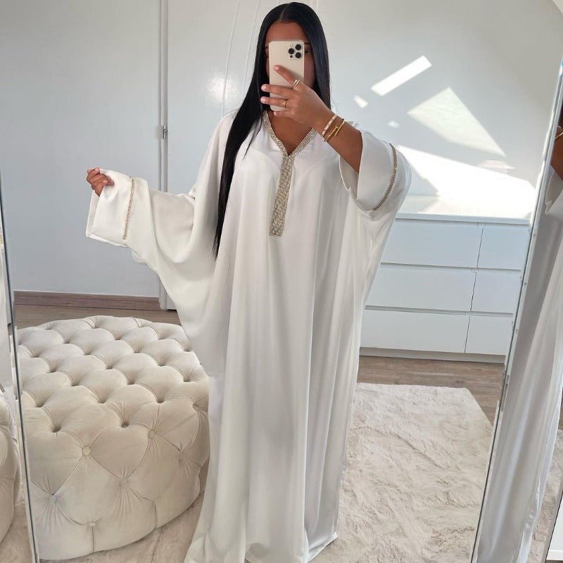 Elegant V-Neck Abaya Robe With Diamond Accent | Bat Sleeve Long Dress