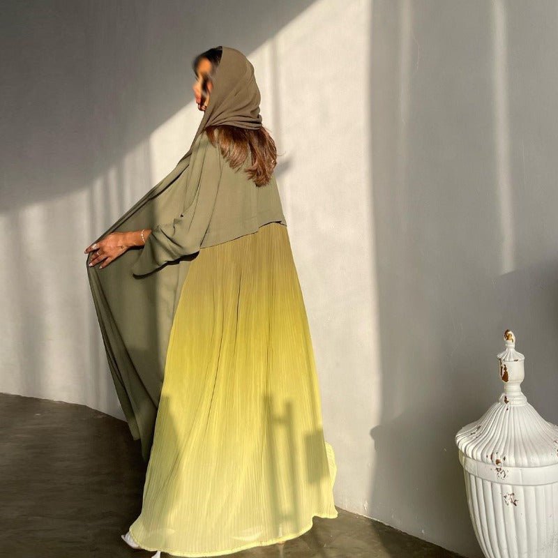Elegant V - Neck Gradient Pleated Abaya Robe | Modest Muslim Chiffon Cardigan Maxi Dress(MOA223) - Mariam's Collection