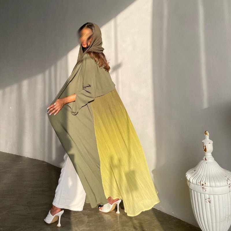 Elegant V - Neck Gradient Pleated Abaya Robe | Modest Muslim Chiffon Cardigan Maxi Dress(MOA223) - Mariam's Collection