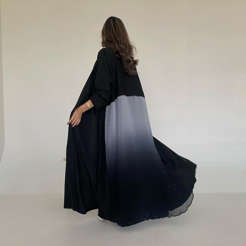 Elegant V - Neck Gradient Pleated Abaya Robe | Modest Muslim Chiffon Cardigan Maxi Dress(MOA223) - Mariam's Collection