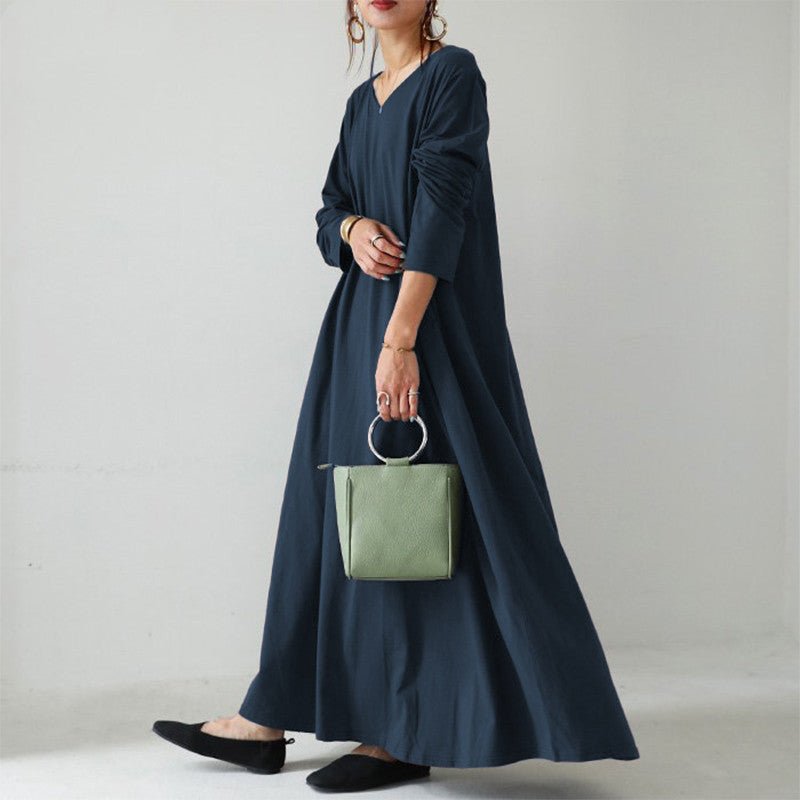 Elegant V - Neck Long Sleeve Maxi Dress | Loose Fit Cotton Blend Dress with Hidden Pockets(MA314) - Mariam's Collection