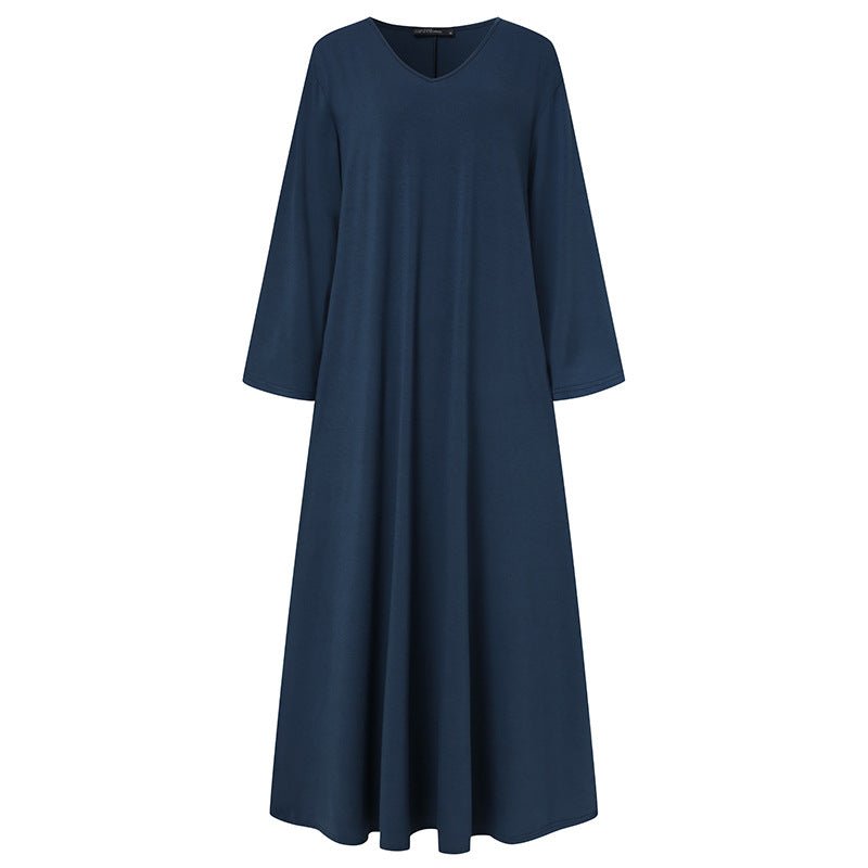 Elegant V - Neck Long Sleeve Maxi Dress | Loose Fit Cotton Blend Dress with Hidden Pockets(MA314) - Mariam's Collection